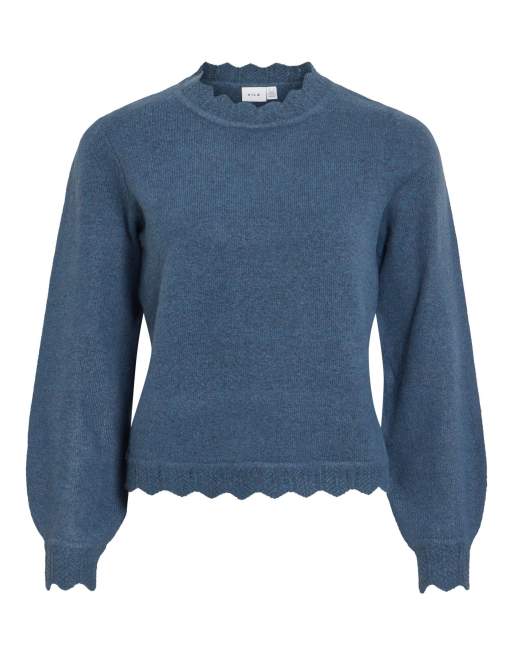 Vila Nikolina top en maille côtelée extensible à col montant bleu, 5 de 6