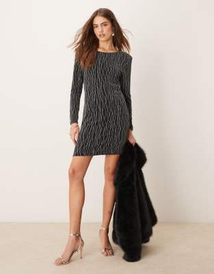 o neck long sleeve mini dress in black glitter