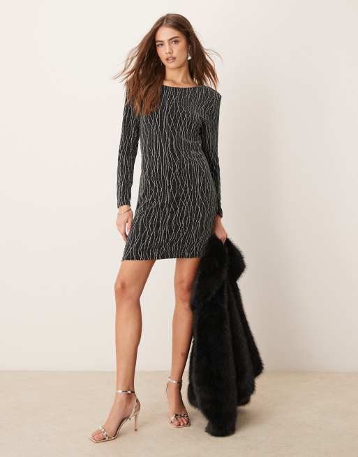 Vila o neck longsleeve mini dress in black glitter