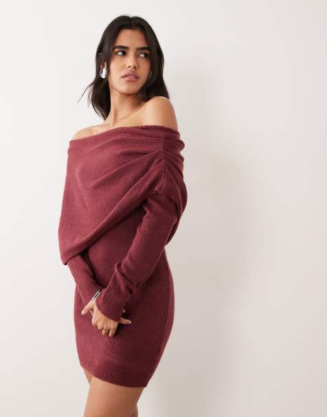 Vila off shoulder drape detail long sleeve knit mini dress in burgundy - view 1