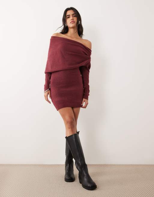 Vila off shoulder drape detail long sleeve knit mini dress in burgundy, 2 of 4
