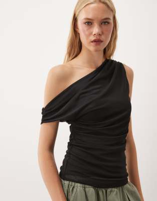 Vila Off Shoulder Ruched Mesh Top In Black