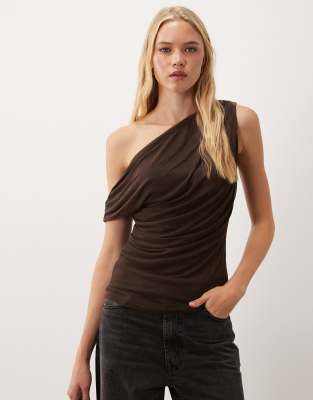 Vila Off Shoulder Ruched Mesh Top In Brown