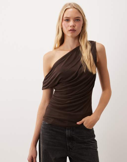 Vila off shoulder ruched mesh top in chocolate brown, 2 of 4