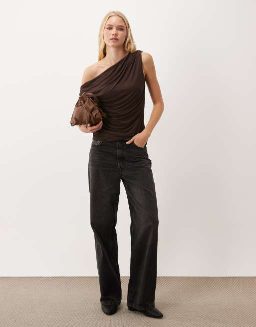 Vila off shoulder ruched mesh top in chocolate brown, 3 of 4