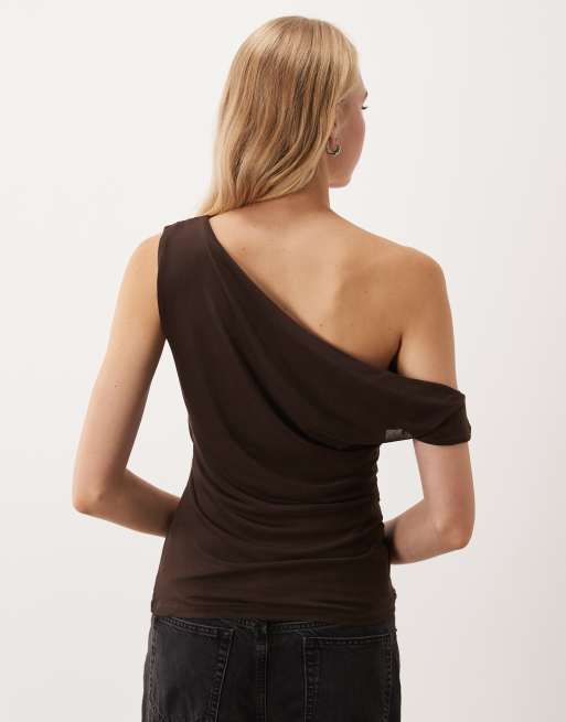 Vila off shoulder ruched mesh top in chocolate brown, 4 of 4