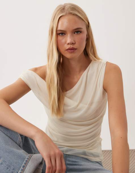 Vila off shoulder ruched mesh top in cream - view 1