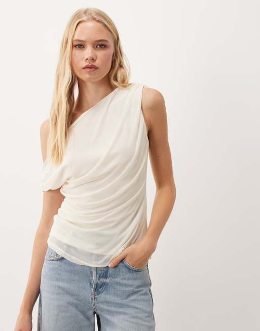 Vila off shoulder ruched mesh top in cream, 2 of 4