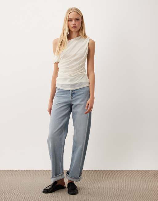 Vila off shoulder ruched mesh top in cream, 3 of 4
