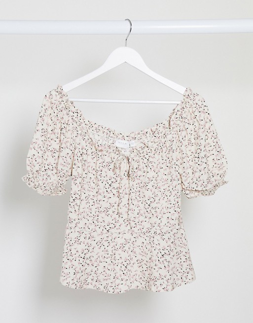 Vila off shoulder top with puff sleeves in pink ditsy floral