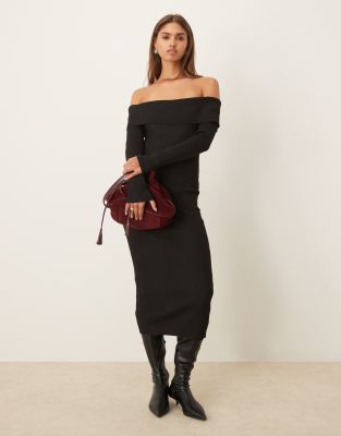 off the shoulder ribbed midi dress in black