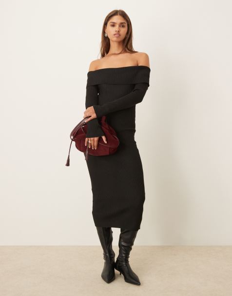 Vila off the shoulder ribbed midi dress in black - view 1