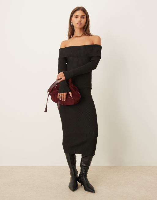 Off shoulder ribbed midi dress online