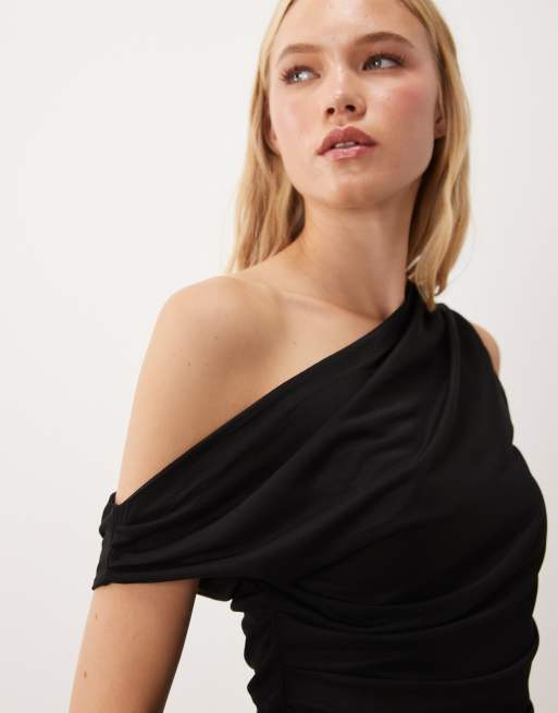 VILA off the shoulder ruched mesh top in black, 3 of 4