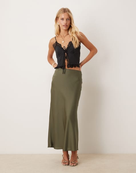 Vila satin maxi skirt in olive green