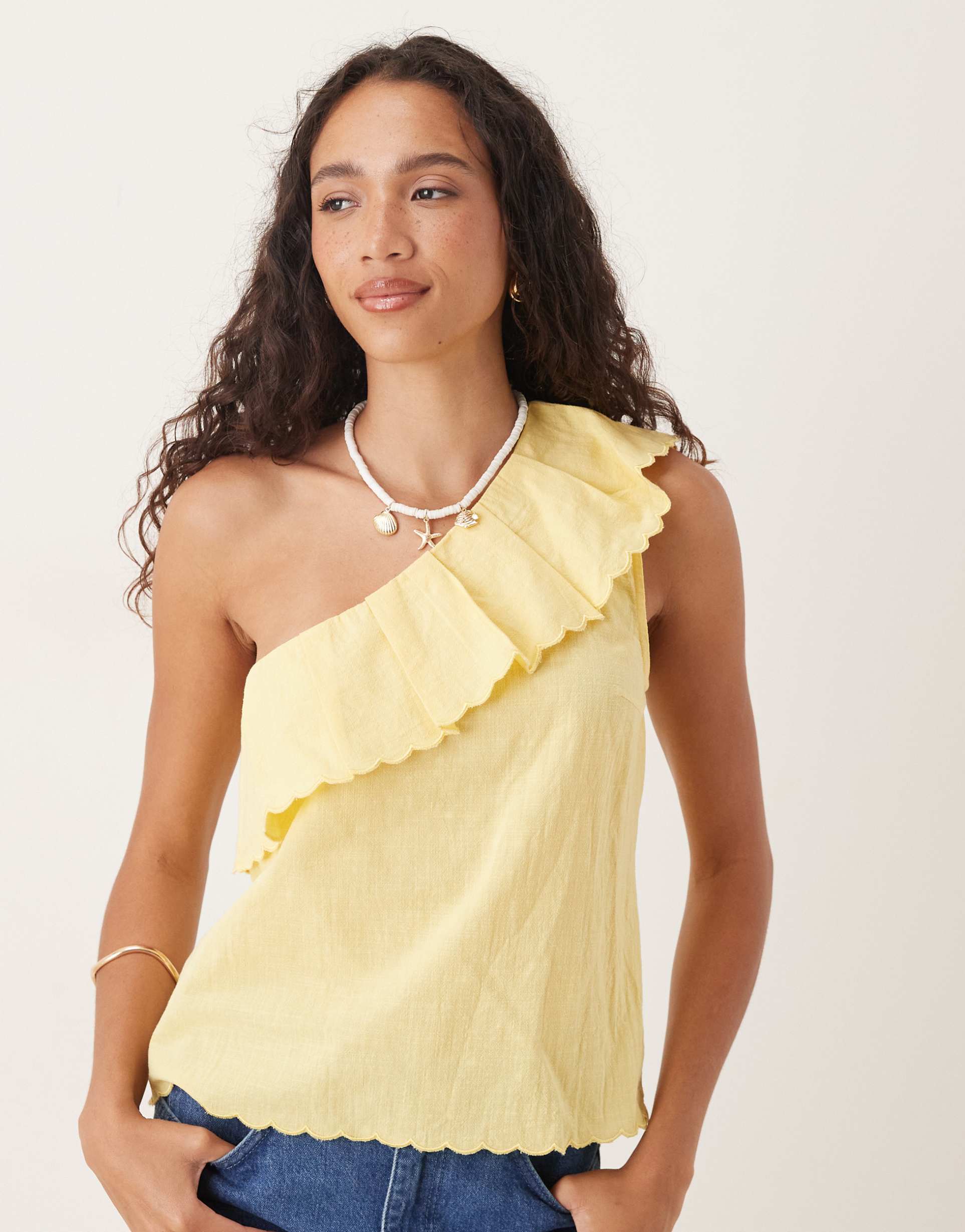 vila one shoulder frill detail cotton top in pale yellow