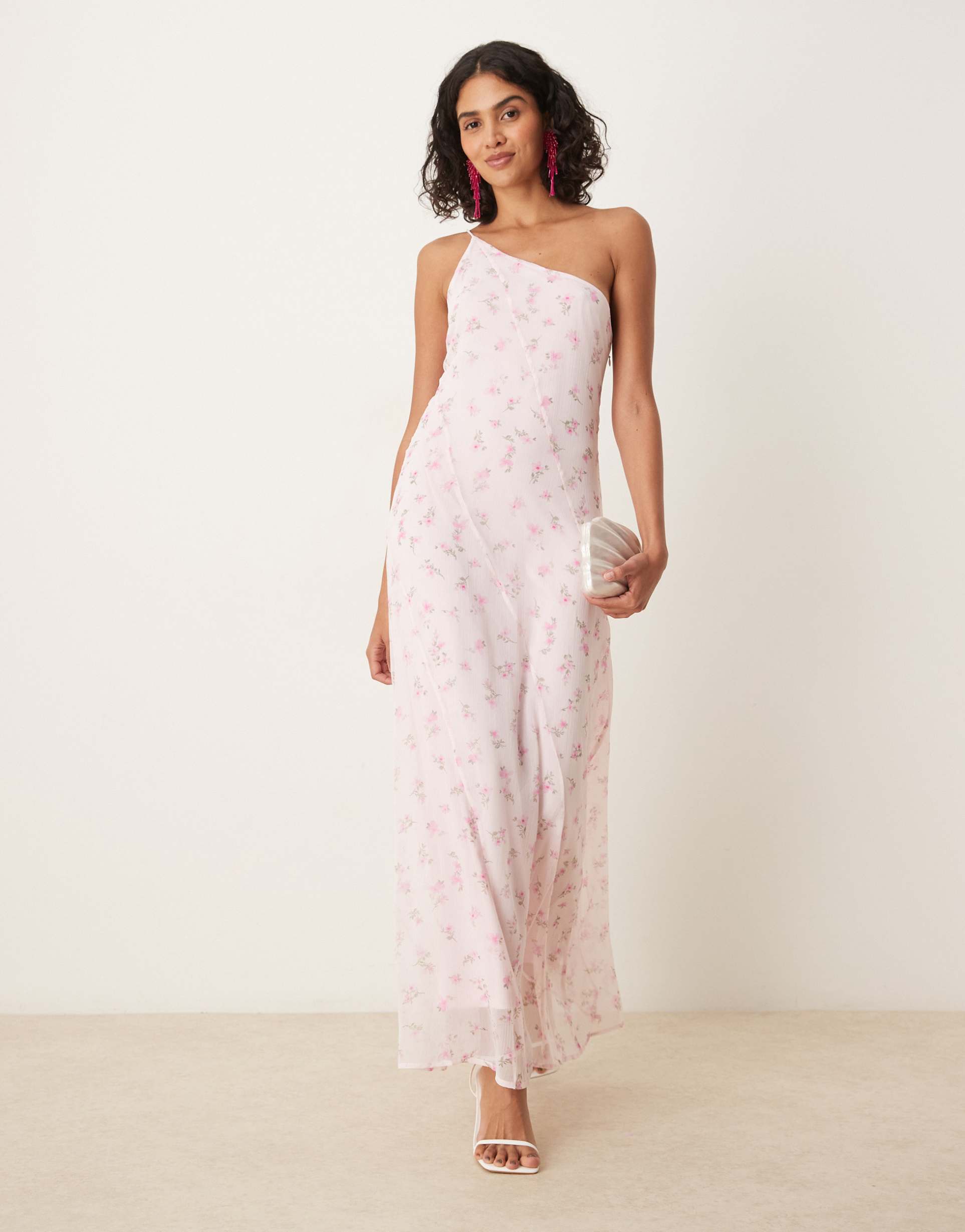 vila one shoulder maxi dress in pink delicate floral