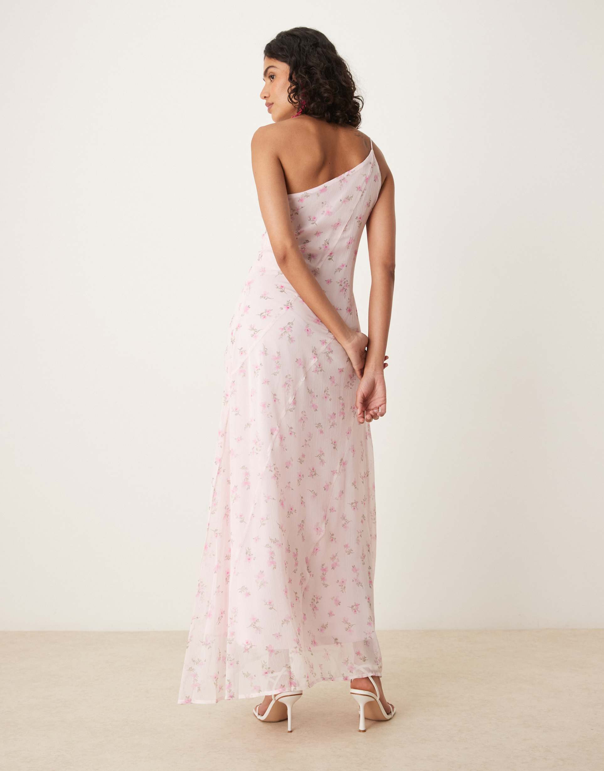 vila one shoulder maxi dress in pink delicate floral