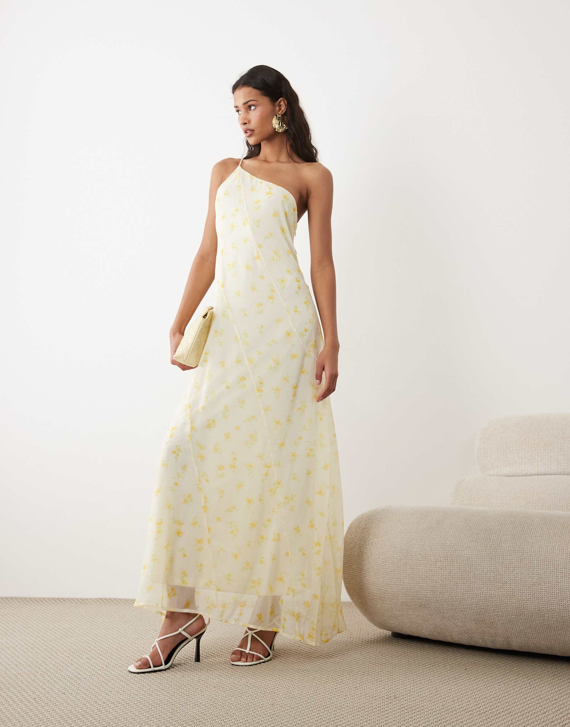 vila one shoulder maxi dress in yellow ditsy floral