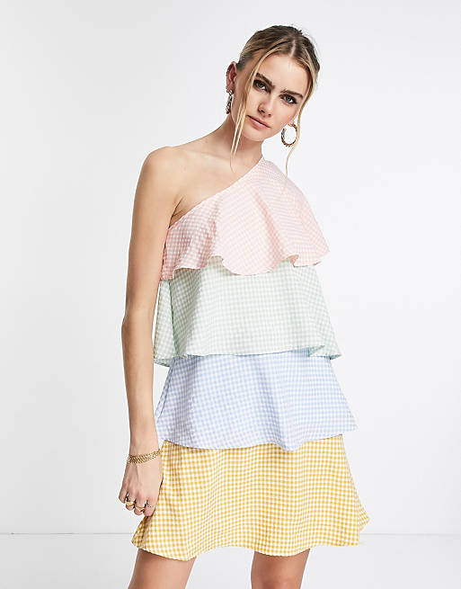 Vila one shoulder mini dress in multi coloured tiering