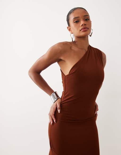 Vila one shoulder slinky midi dress in light brown, 2 of 4