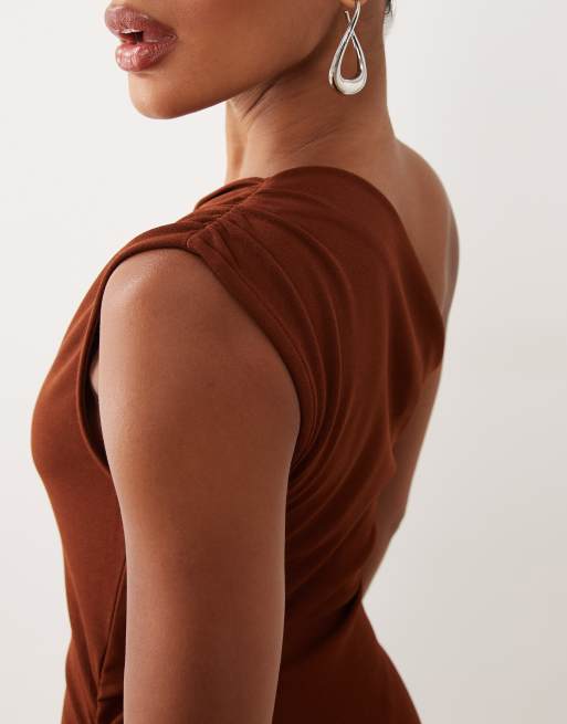 Vila one shoulder slinky midi dress in light brown, 3 of 4