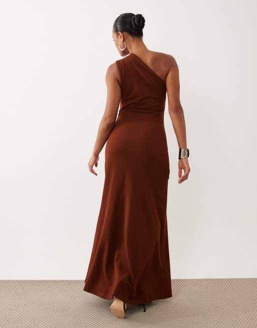 Vila one shoulder slinky midi dress in light brown, 4 of 4