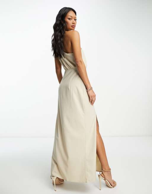 Vila one shoulder slit maxi dress in champagne