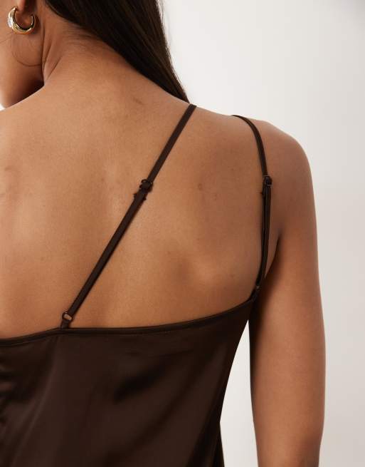 VILA one shoulder strap detail satin maxi dress in chocolate brown, 4 of 4