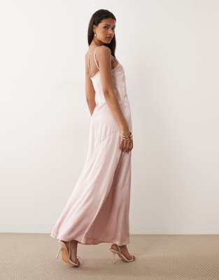 Vila One Shoulder Strap Detail Satin Maxi Dress In Pink