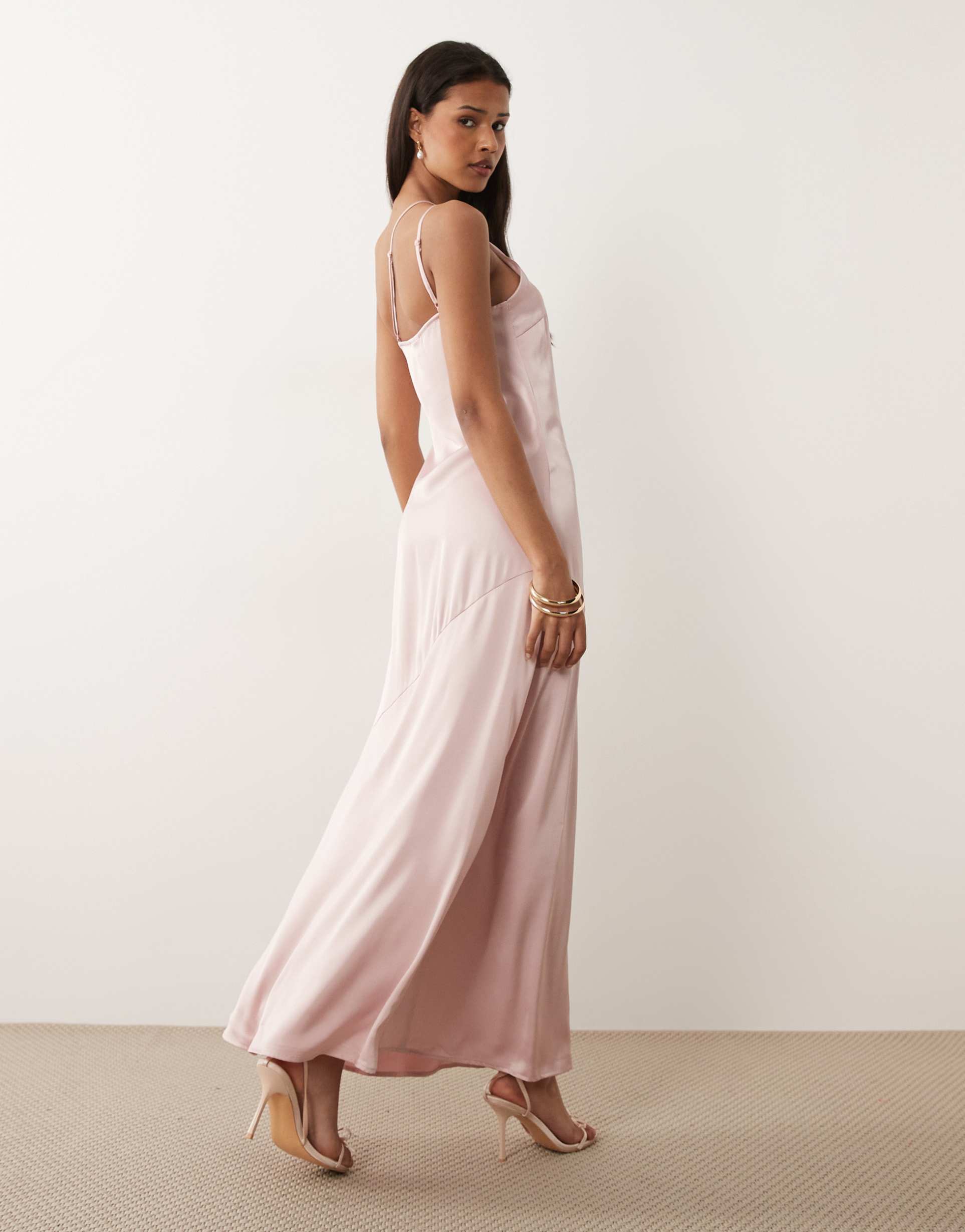 vila one shoulder strap detail satin maxi dress in light pink