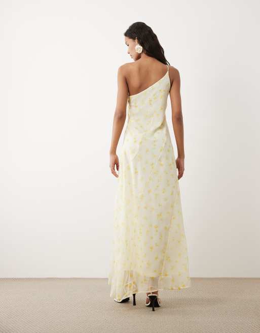 VILA - Oneshoulder-maxikjole med gult småblomstret print, 3 af 4