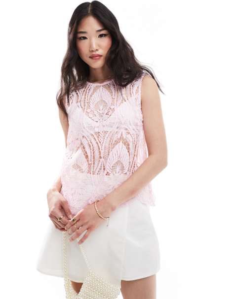 Vila open crochet occasion top in powder pink - view 1
