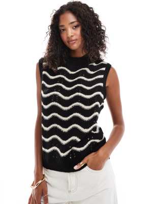 Shop Vila open detail knitted vest with squiggle stripe in black and beige Online – Trendy & Affordable Fashion