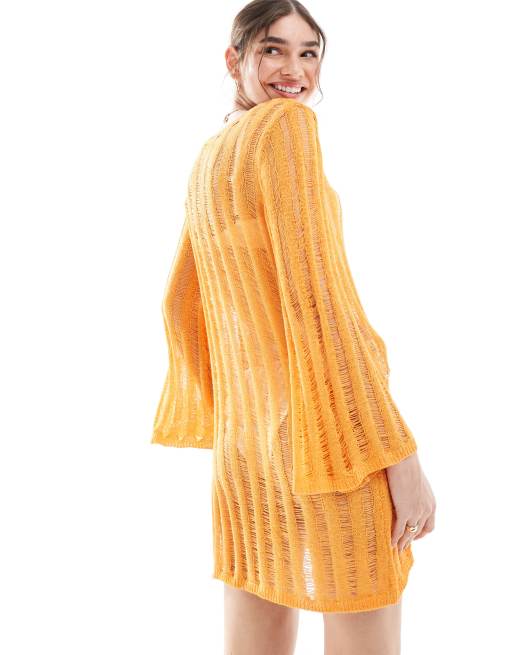 Vila open knit chuck on beach dress in bright orange, 4 of 4