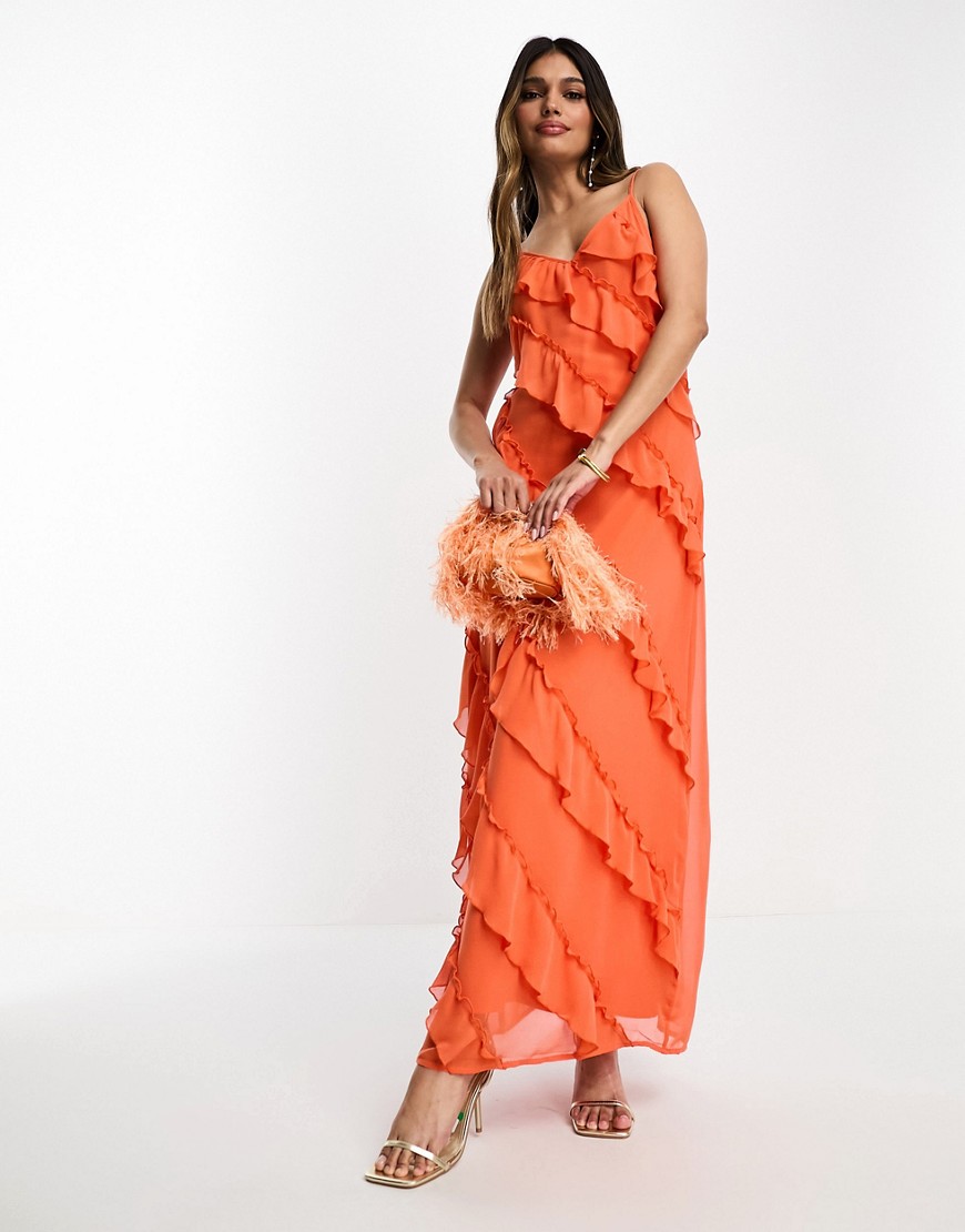 vila - orange maxiklänning med smala axelband och volanger