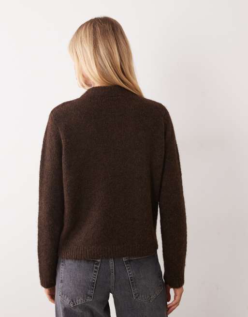 Vila organza bow high neck knitted jumper in chocolate brown, 3 of 4