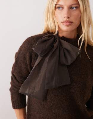 Vila Organza Bow High Neck Knitted Sweater In Brown