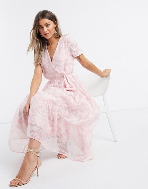 Vila organza maxi dress with puff sleeves in pink floral