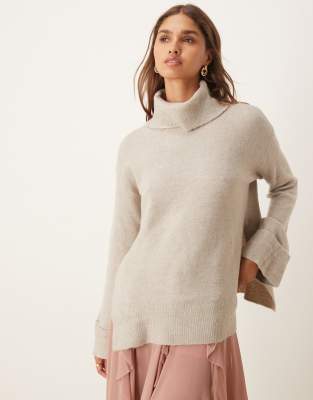 VILA - Oversize-Pullover in melierter Naturfarbe mit Rollkragen und Umschlagbündchen-Neutral