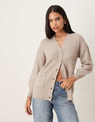 VILA - Oversize-Strickjacke in Natural meliert mit Rippenmuster-Neutral