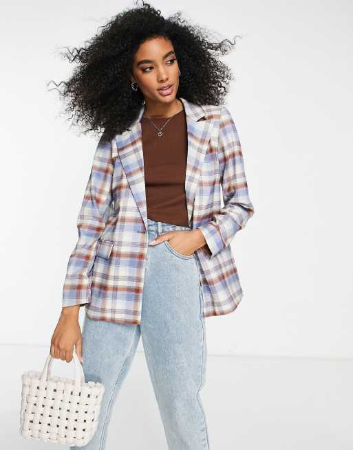 Vila oversized blazer in blue and rust check