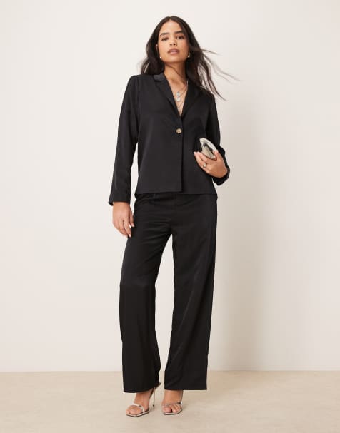 Vila oversized button front blazer and wide leg tie waist pants set in black - view 1