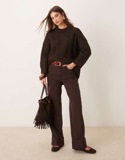 VILA oversized cable knit sweater in coffee bean, 4 of 4