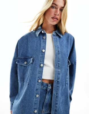 Vila oversized denim shirt co-ord in medium blue wash | ASOS