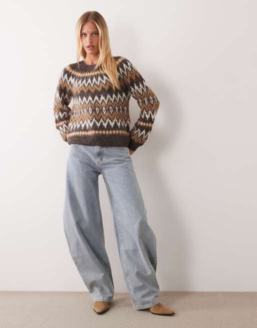 Vila oversized fairisle knitted jumper in brown, 2 of 4