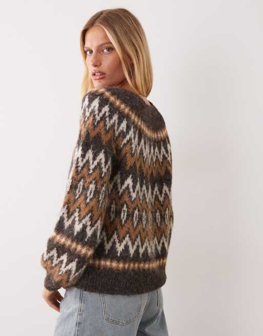 Vila oversized fairisle knitted jumper in brown, 3 of 4