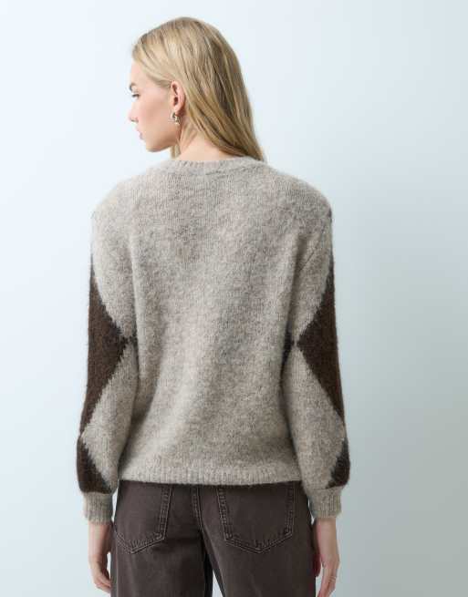 Vila oversized jacquard knitted jumper in brown and cream diamond, 2 of 4