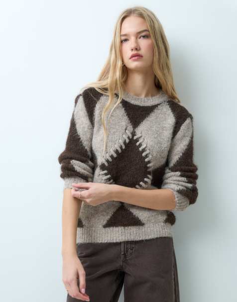 Vila oversized jacquard knitted sweater in brown and cream diamond - view 1