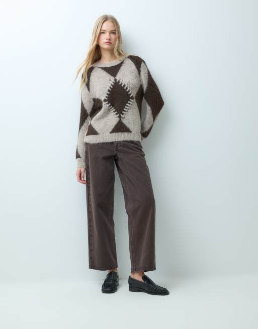 Vila oversized jacquard knitted sweater in brown and cream diamond, 4 of 4